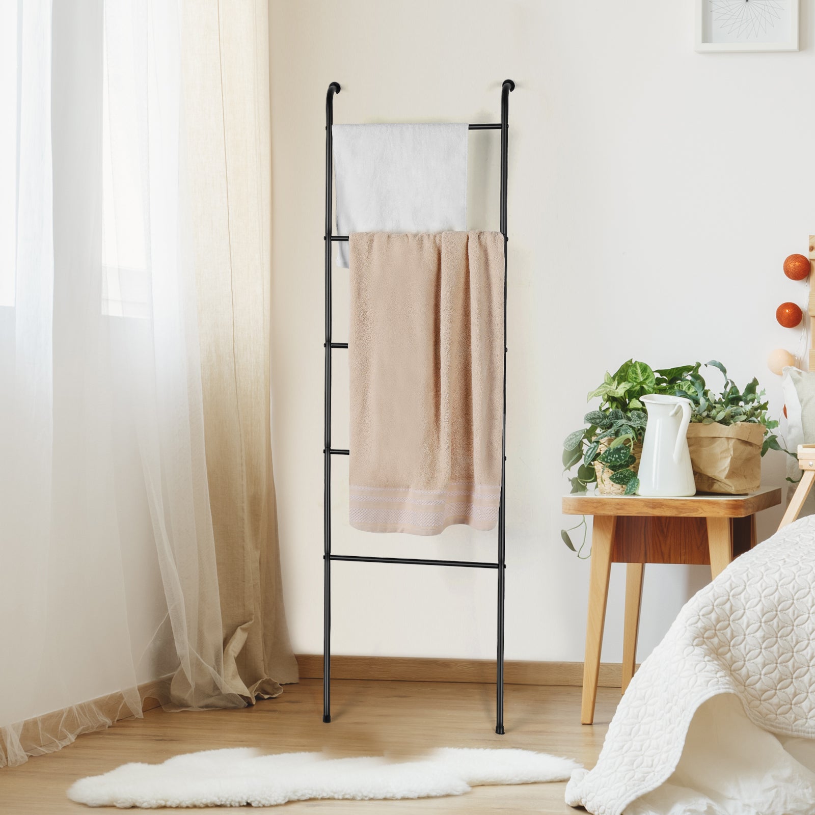 Matte Black 5-Tier Metal Blanket Ladder, Leaning Towel Rack for Bathroom, Living Room & Laundry Room