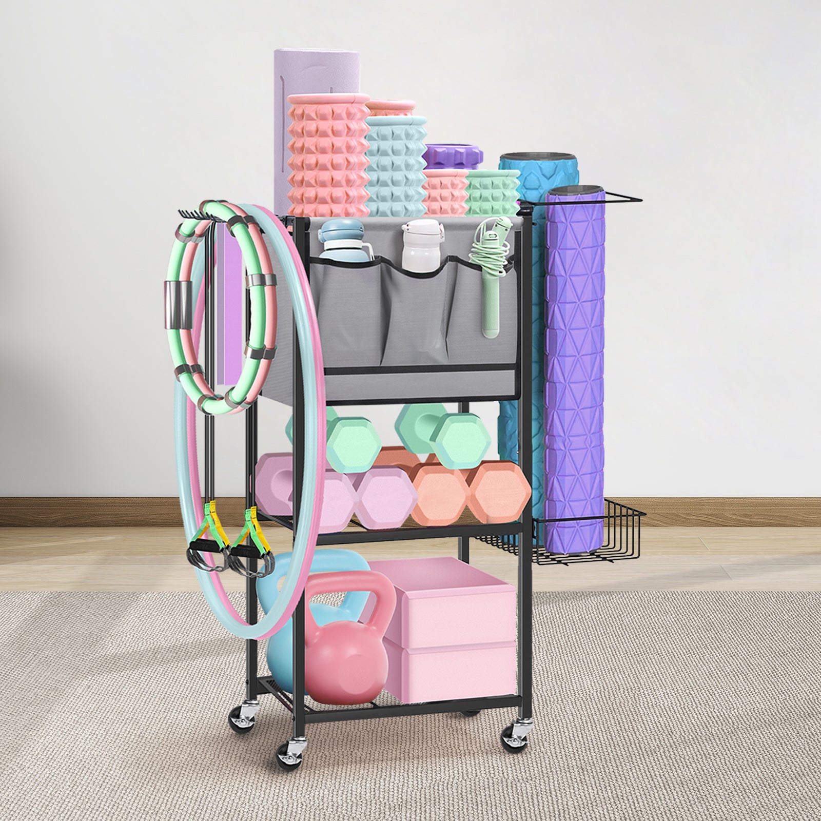 Portable Home Gym Organizer Rack -Black Movable Storage for Yoga Mats, Foam Rollers & More