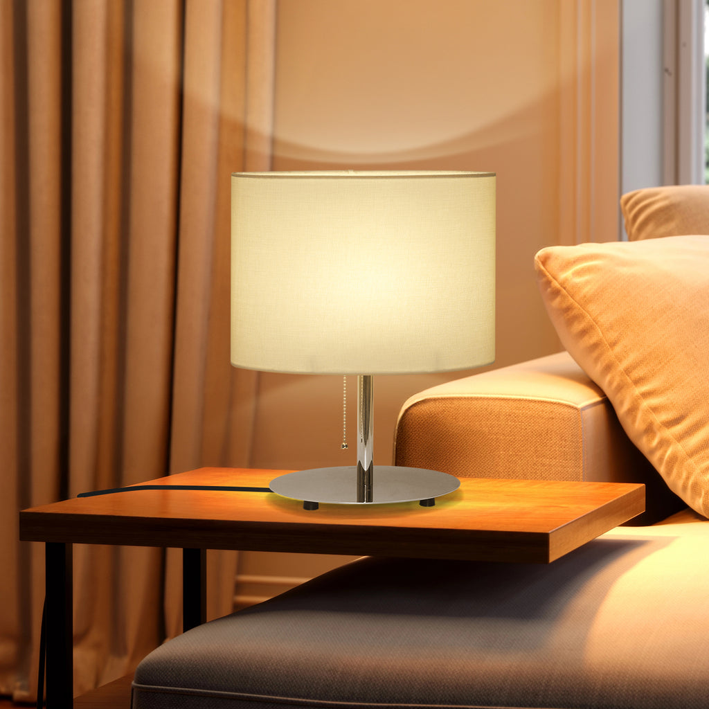 Minimalist Bedside Desk Lamp with Silver Metal Base, Fabric Shade & Pull Chain