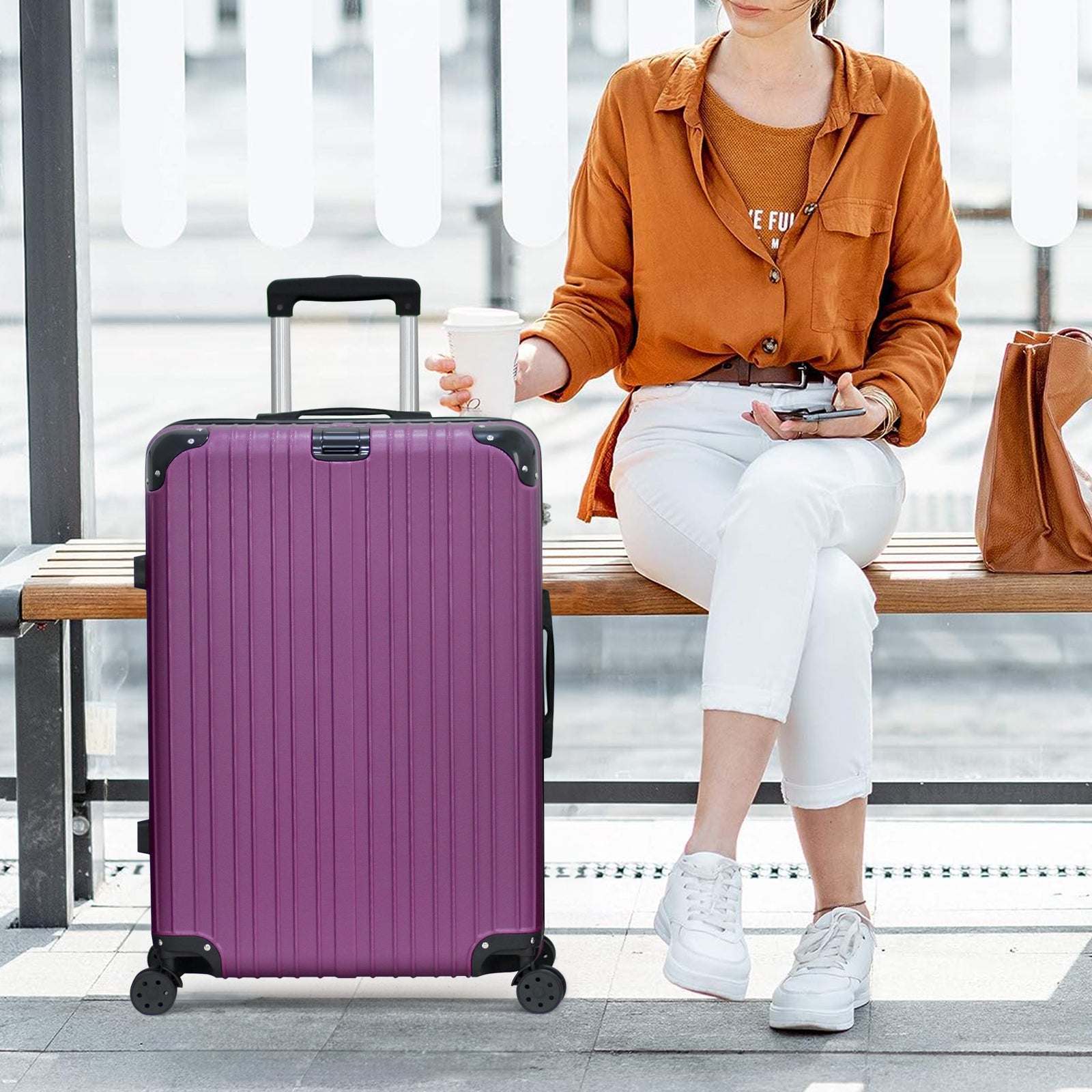 Three-Piece ABS Hard Shell Luggage Set - 20Inch, 24Inch, 28Inch Durable Spinner Suitcases with Combination Locks, Lightweight Travel Luggage for Business & Family Trips, Multiple Colors Available (Purple)