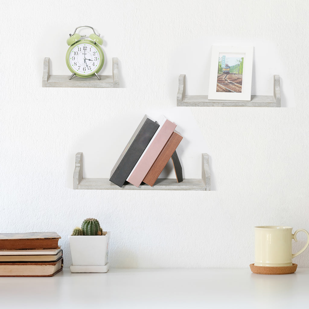 Set of 3 White Floating Wall Shelves - Rustic U-Shaped Decorative Display Shelves for Bedroom & Bath