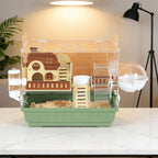 Acrylic Hamster Cage, 360Â° Transparent View Habitat with Running Wheel & Wooden Hideout for Dwarf/Syrian Hamsters, Green, 13.3" L x 10.2" W x 12.4" H