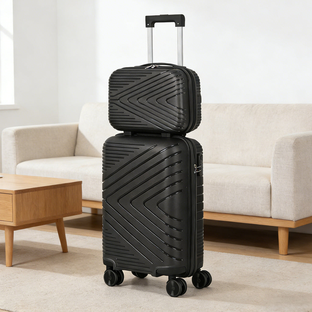 2-Piece PP Hardside Luggage Set - 20 Inch Carry On Suitcase + 14 Inch Cosmetic Case with Spinner Wheels (Black)