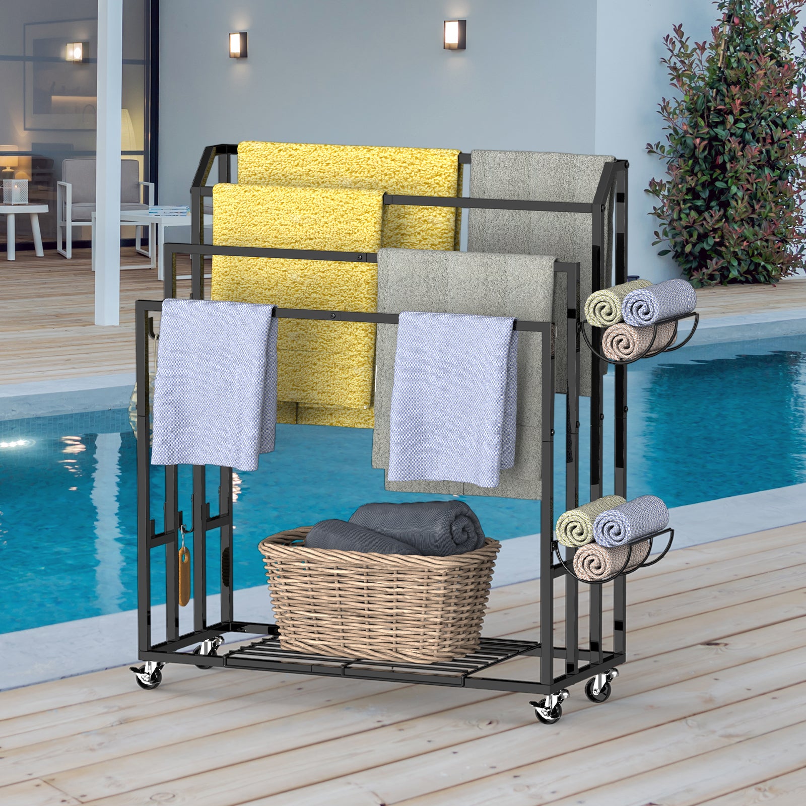 Multi-Level Rolling Towel Drying Rack with Side Storage Baskets - Freestanding Blanket Holder & Bathroom Organizer with Bottom Shelf, Black