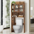 Rustic Brown Over-the-Toilet Storage Cabinet - Space-Saving Bathroom Organizer with Glass Doors & Side Compartment