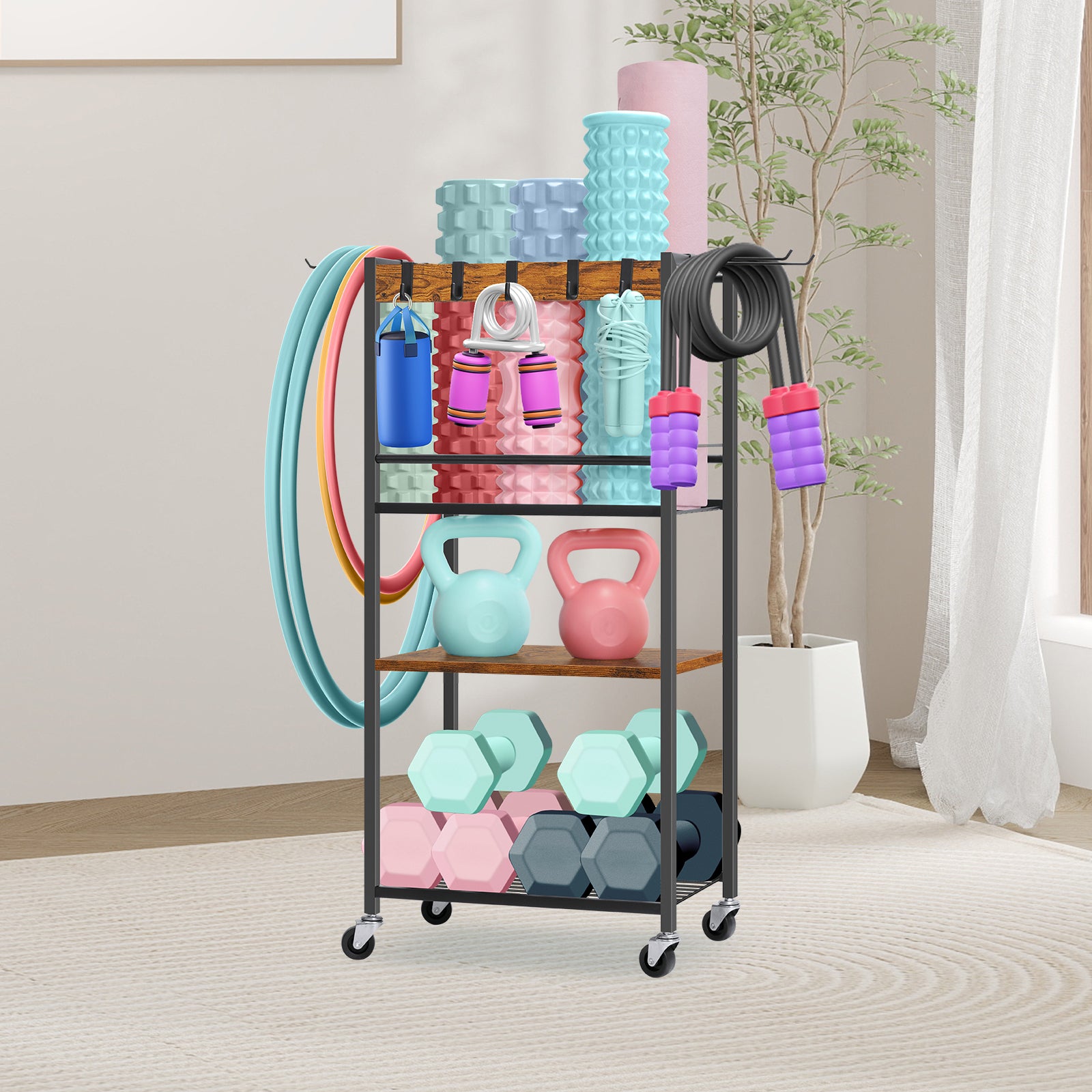Home Gym Storage Rack, Heavy Duty Yoga Mat Holder Workout Equipment Storage Organizer Weight Rack with Hooks & Wheels for Dumbbells Kettlebells Dumbbell Yoga Block Foam Rollers Yoga Strap Resistance Bands, Fitness Exercise Equipment