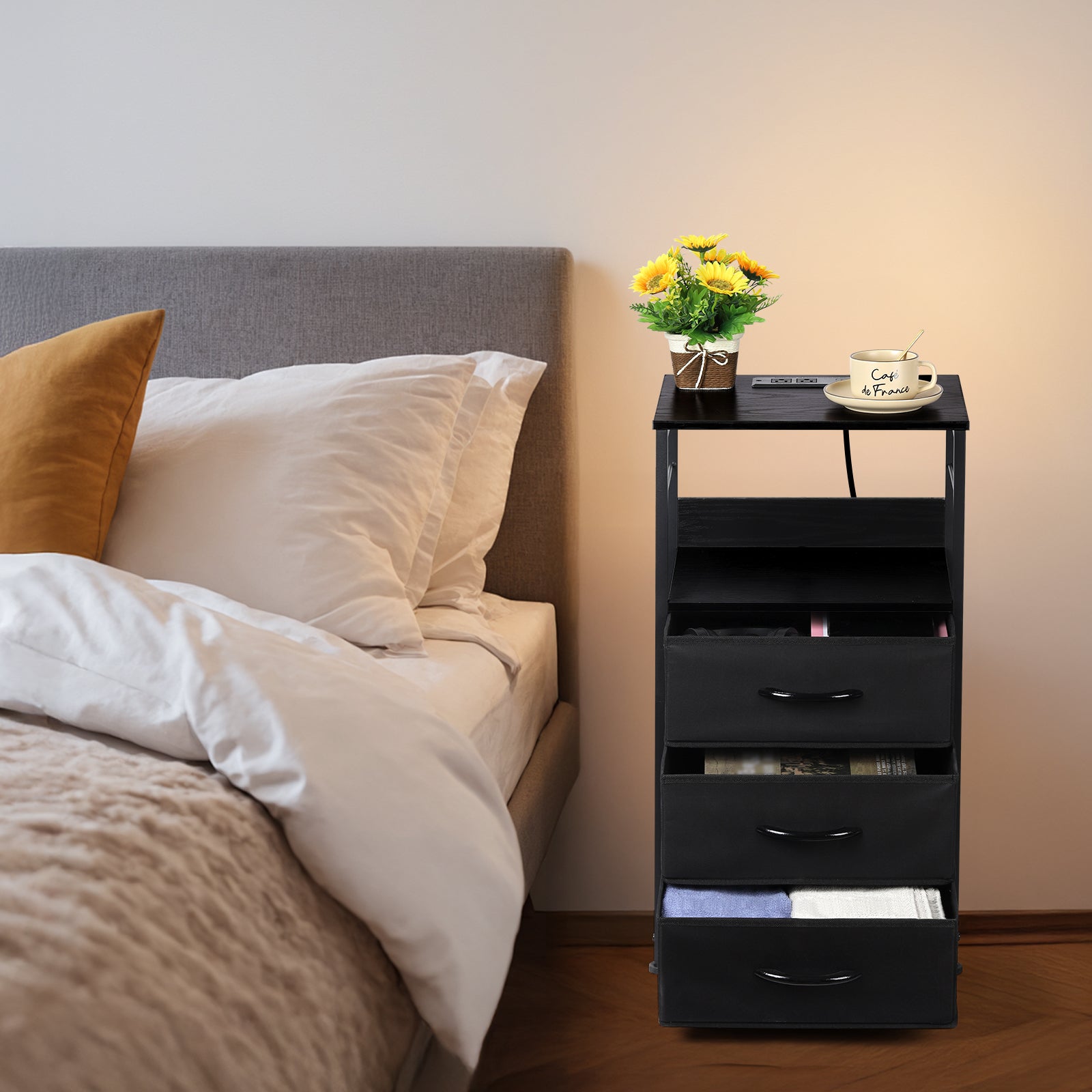 3-Drawer Tall Nightstand with Charging Station - Bedside Table with USB & Outlets for Bedroom, Black,