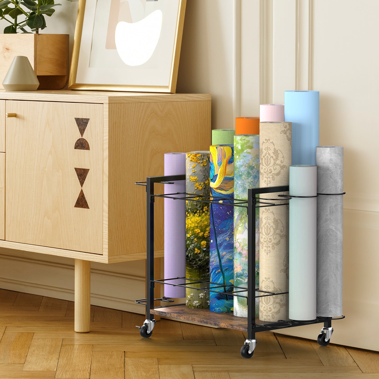 18-Slot Blueprint Storage Rack Cart - Mobile & Lockable Wrapping Paper Holder, Architectural Plans Organizer,
