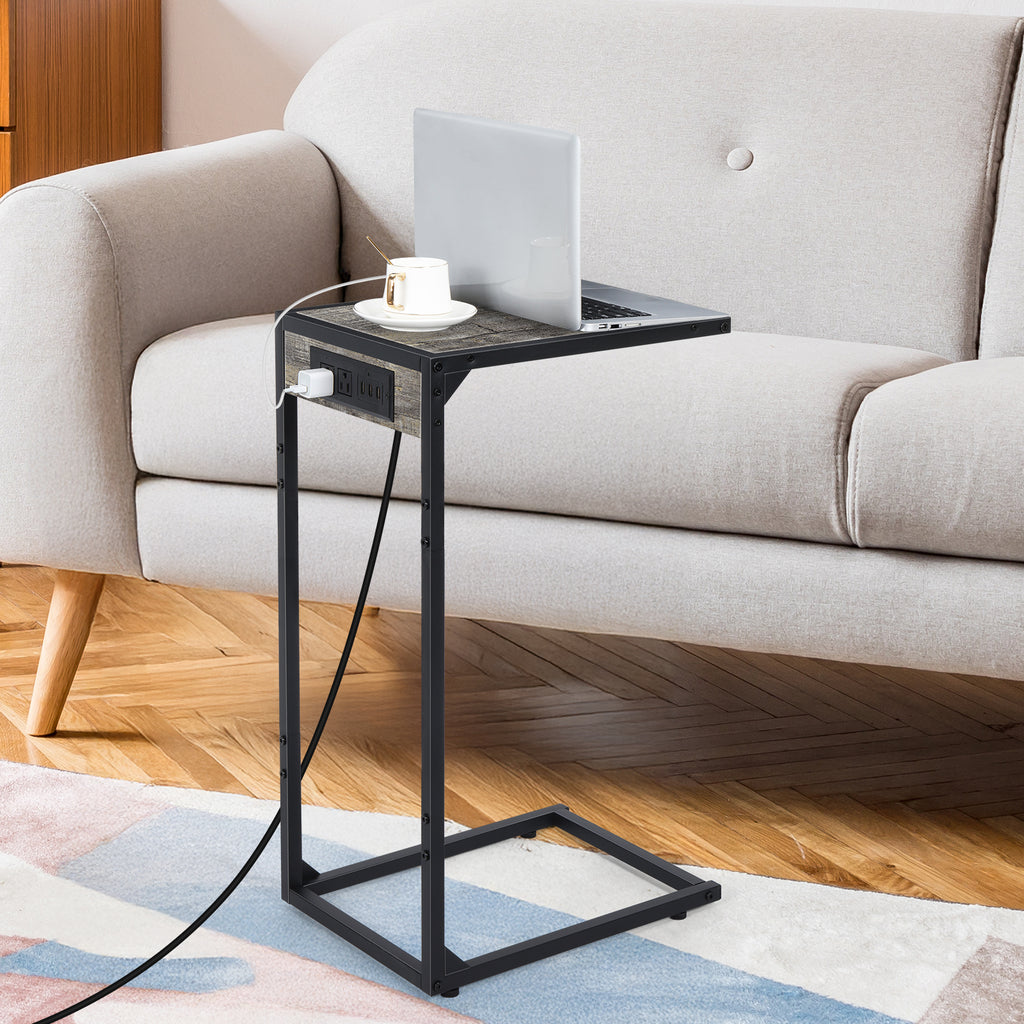 Set of 2 C-Shaped End Tables with Charging Station, Mobile Snack Tables for Sofa & Couch, Oak Grey Finish,