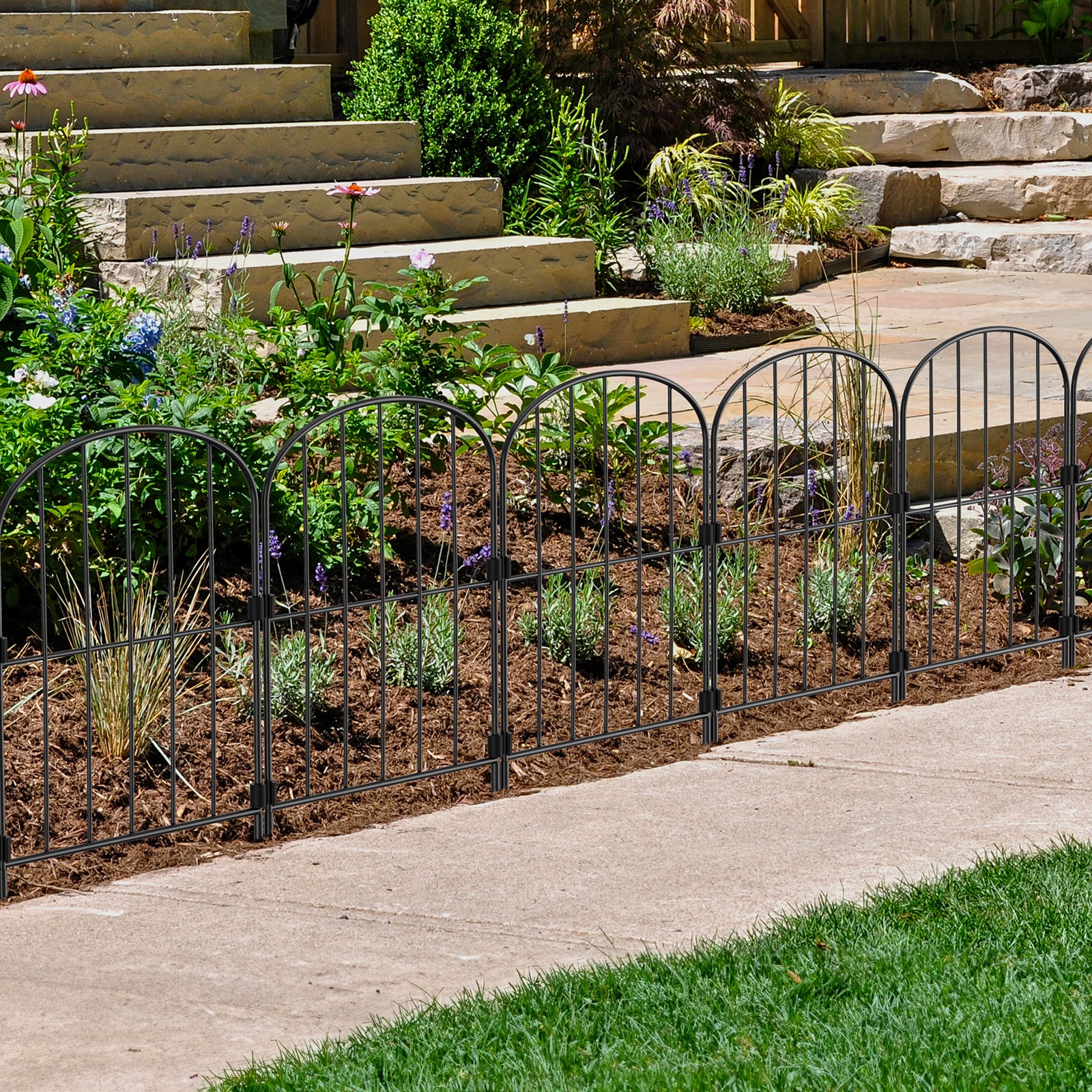 Decorative Arched Metal Garden Fencing - 25 Panels, 27ft x 24in Black Rustproof Wire Fence for Outdoor Yard, Flower Bed Edging, and Animal Barrier