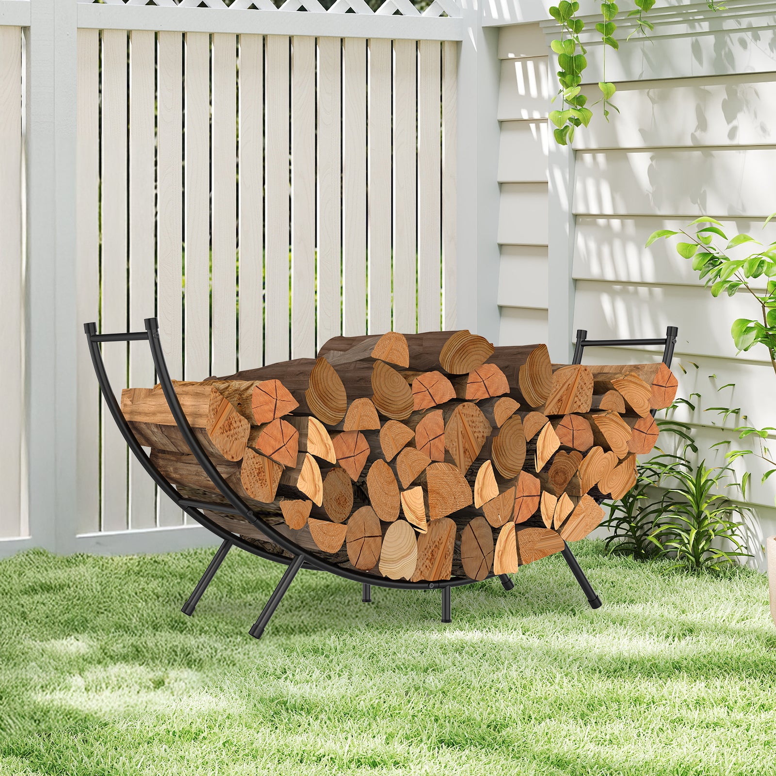 48-Inch Curved Firewood Rack - Heavy-Duty Powder-Coated Metal Log Holder for Indoor/Outdoor Use