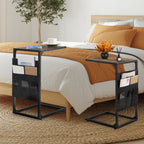 2-Pack Rustic C-Shaped Side Tables with Storage Bag - Slim Sofa End Tables for Living Room & Bedroom, Space-Saving Snack & Laptop Tray