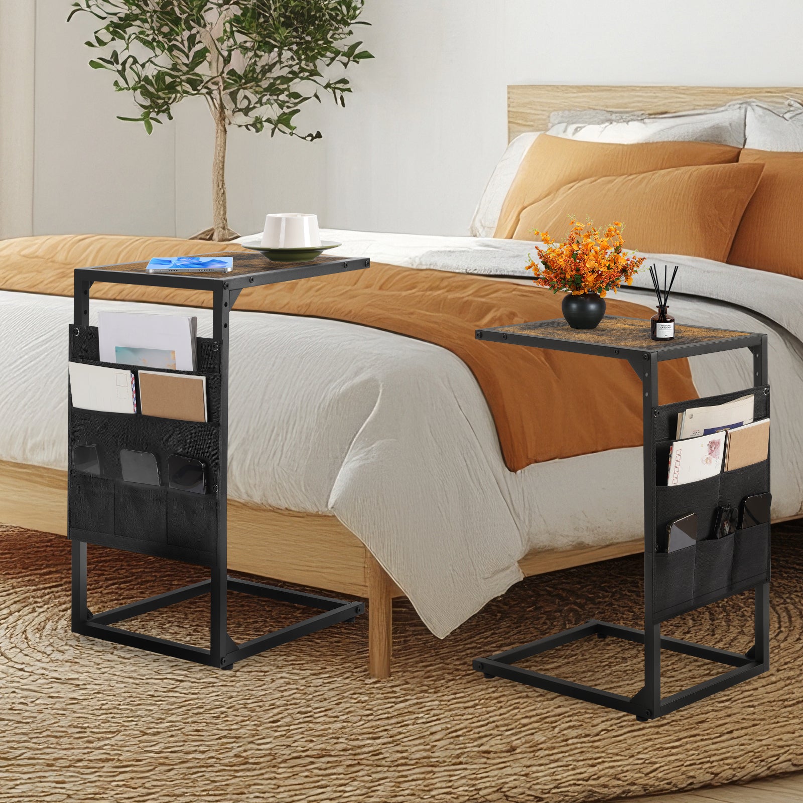 2-Pack Rustic C-Shaped Side Tables with Storage Bag - Slim Sofa End Tables for Living Room & Bedroom, Space-Saving Snack & Laptop Tray