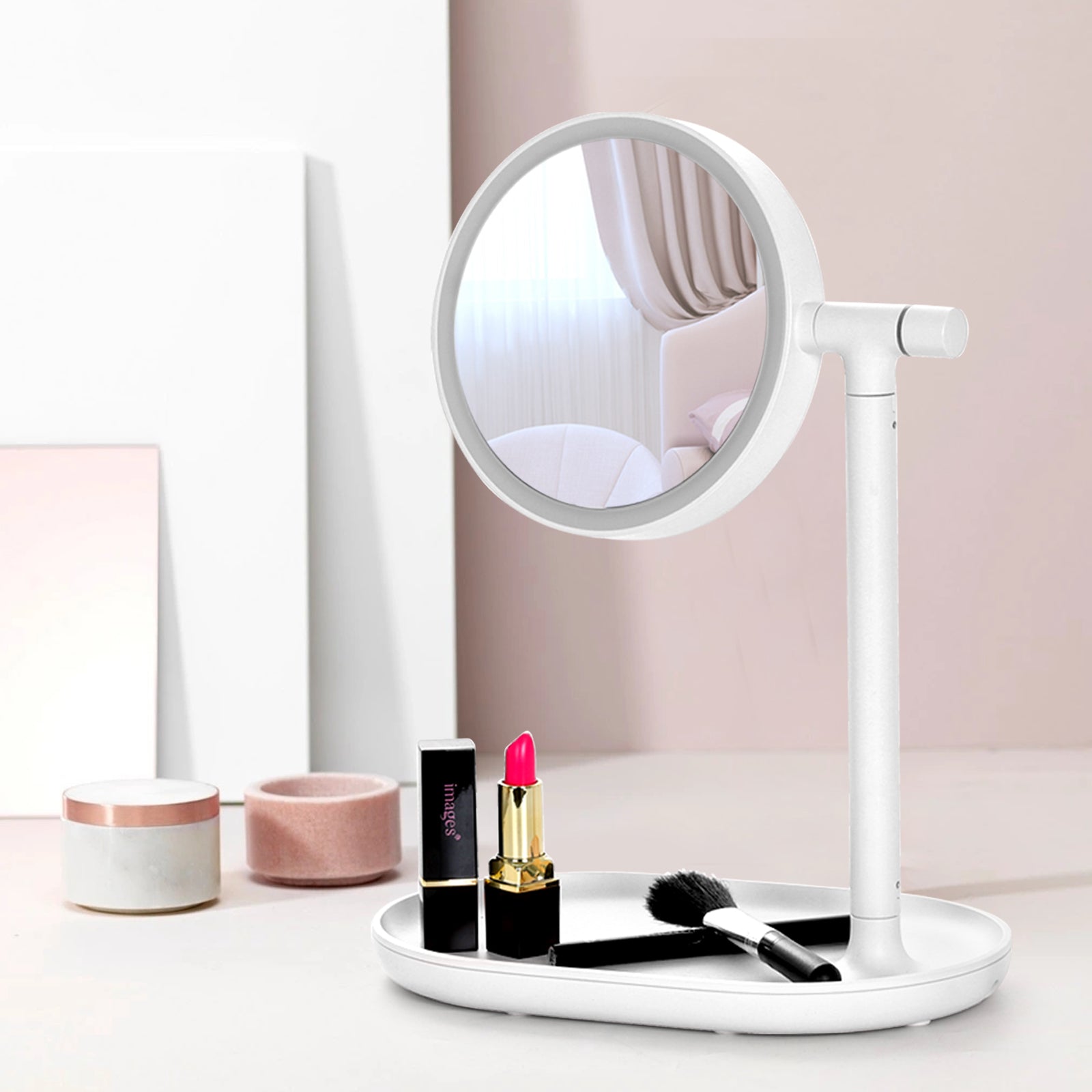 Round LED Makeup Mirror Table Lamp, 360Â° Swivel Vanity Mirror with Storage Tray Base (White)
