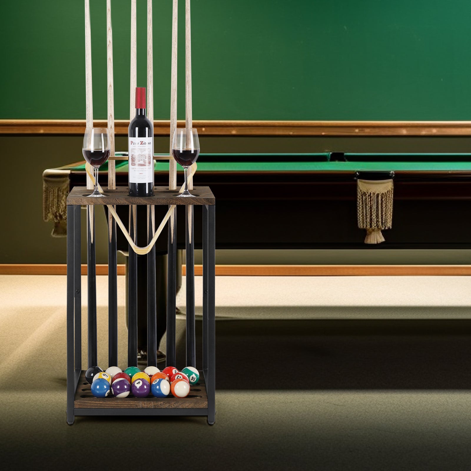 Wood Pool Cue Rack - Floor Stand Billiard Stick Holder for 6 Cues