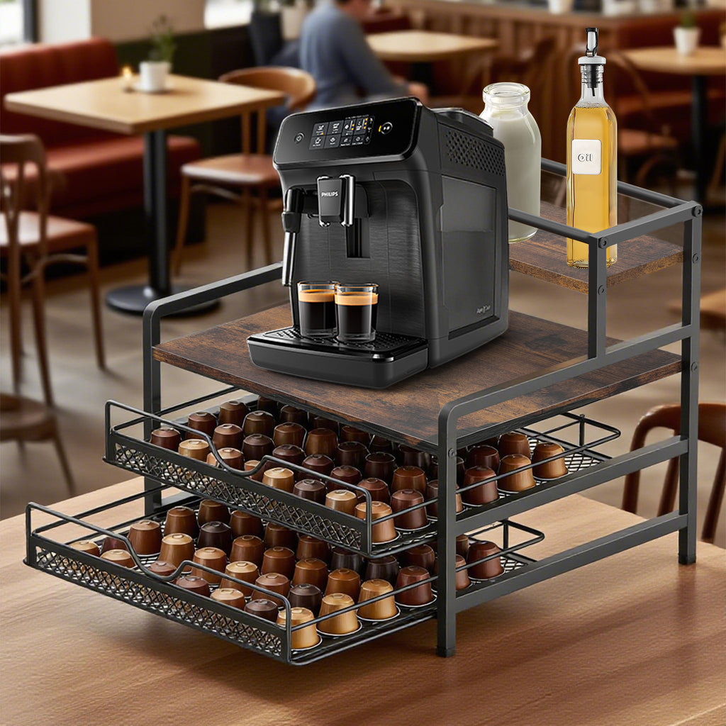 Drawer Stand Capsule Organizer, 2-layer Coffee Bag Holder with Sliding Basket, Suitable for 72 Capacity K-cups, Home Kitchen Counter Organizer, Rustic Brown, Suitable for Home Office Coffee Counter