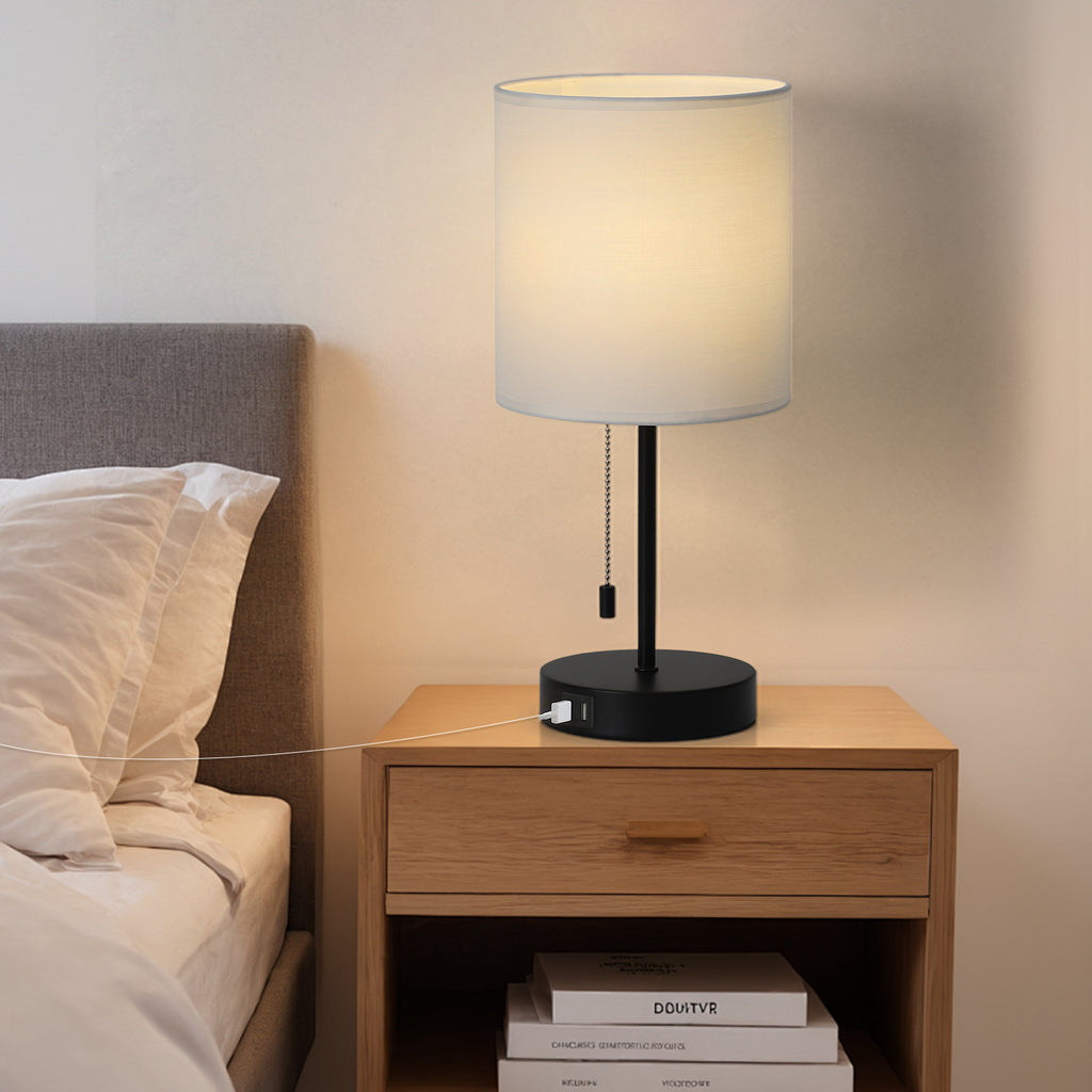 White Fabric Shade Nightstand Lamp with Dual USB Fast Charging Ports, Versatile Metal Desk Lighting for Bedroom, Office, and Living Areas