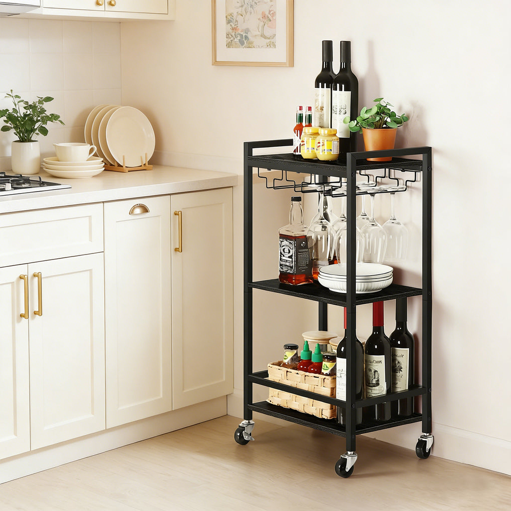 Triple Bar Cart Home Service Cart, Rolling Bar Cart with Glass Shelves, Brown Dining Cart with Storage Shelves for Kitchen Restaurant Party.