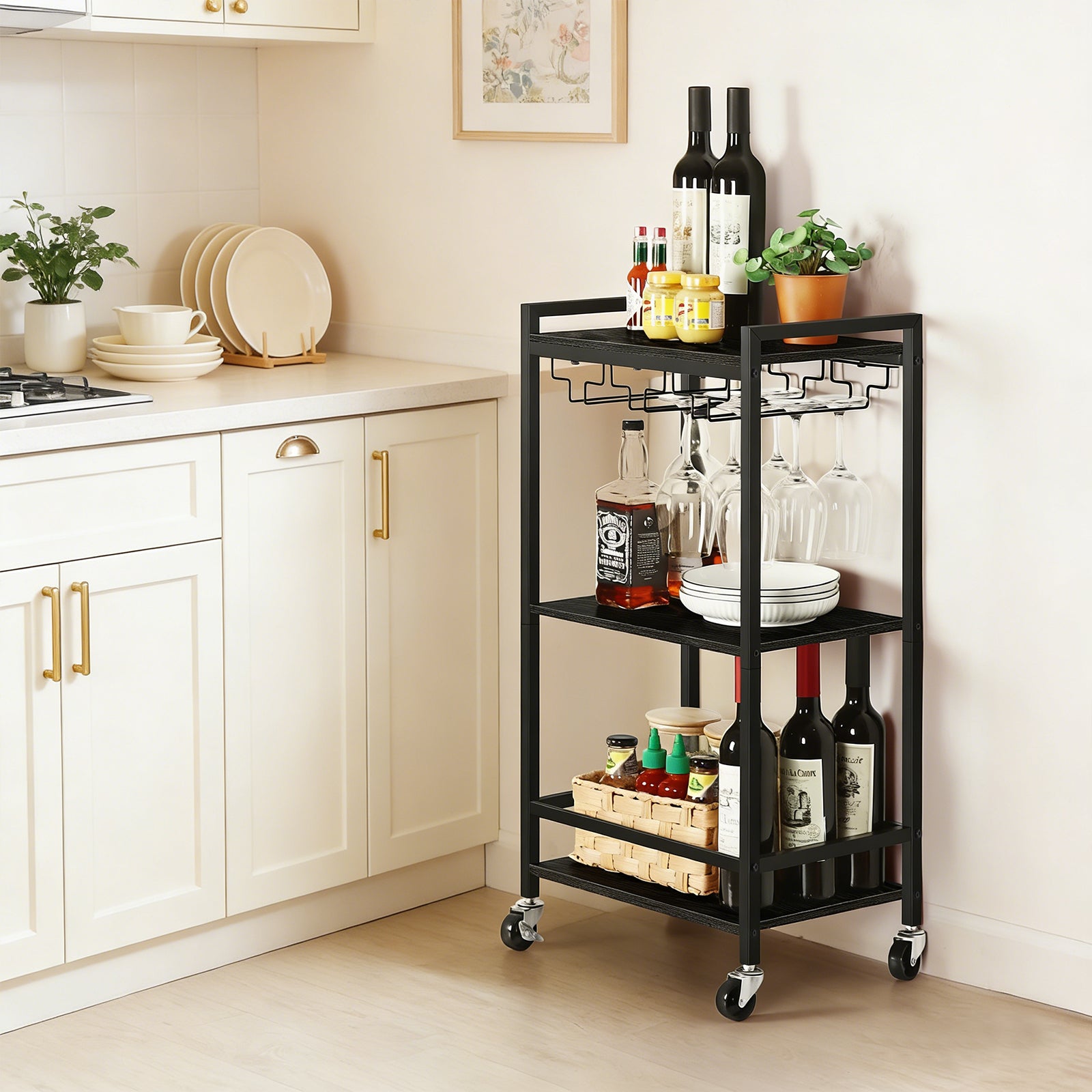 Triple Bar Cart Home Service Cart, Rolling Bar Cart with Glass Shelves, Brown Dining Cart with Storage Shelves for Kitchen Restaurant Party.
