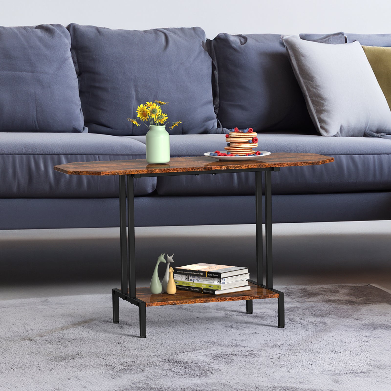 2-Tier Rustic Coffee Table with Industrial Metal Frame
