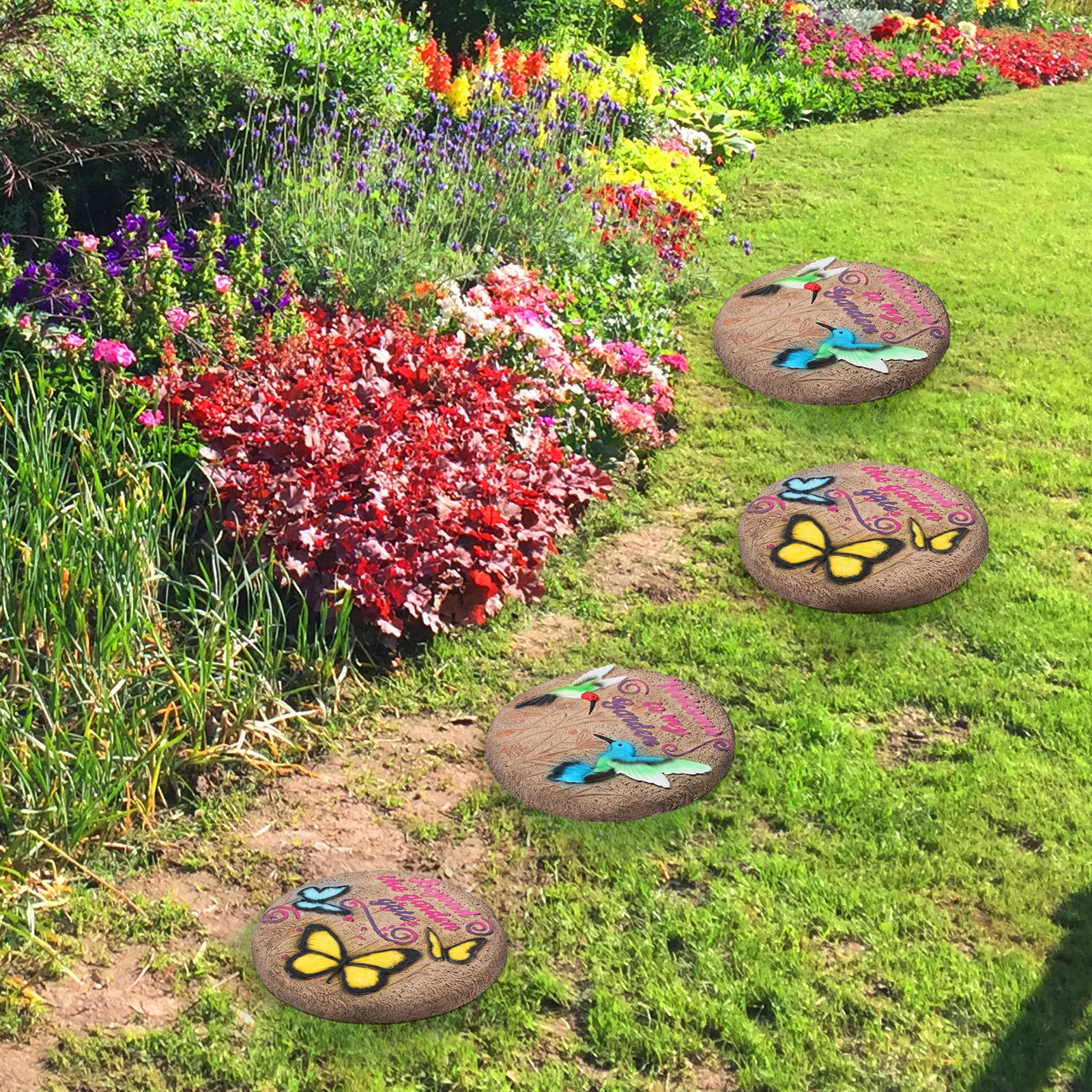 2-Pack 3D Hummingbird and Butterfly Stepping Stones, 10-Inch Decorative Concrete Garden Stones for Outdoor Yard & Path