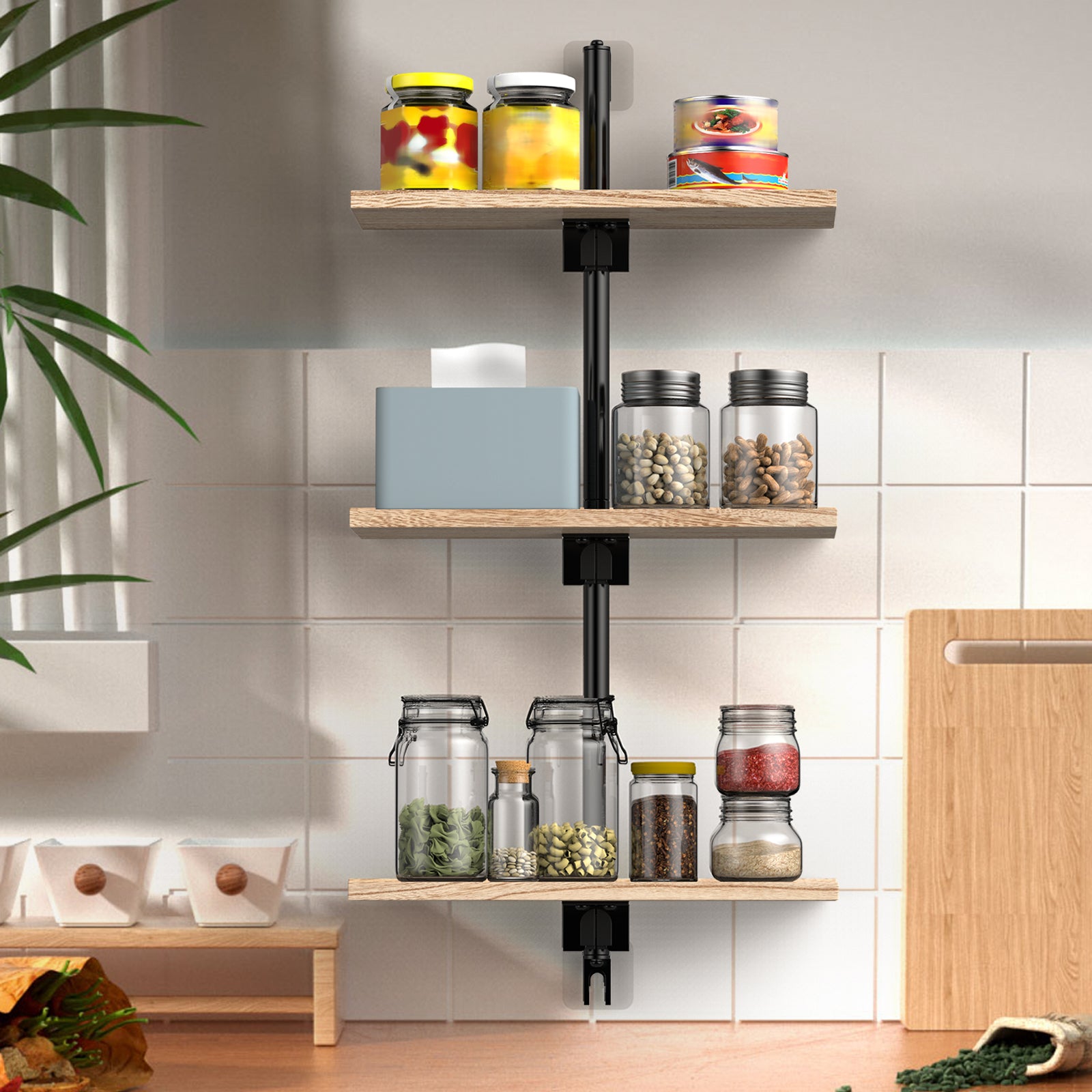 3-Tier Industrial Pipe Shelf, Wall-Mounted Floating Wood Bookshelf for Living Room & Kitchen
