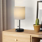 White Fabric Shade Nightstand Lamp with Dual USB Fast Charging Ports, Versatile Metal Desk Lighting for Bedroom, Office, and Living Areas