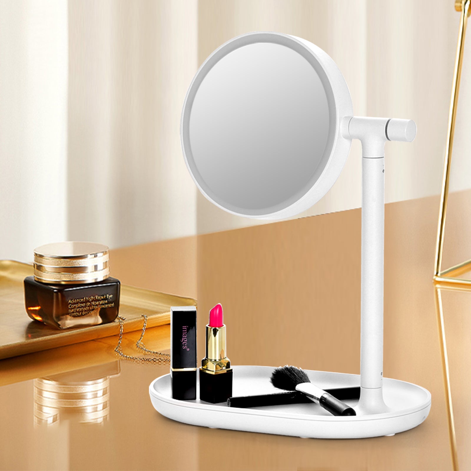 Round LED Makeup Mirror Table Lamp, 360Â° Swivel Vanity Mirror with Storage Tray Base (White)