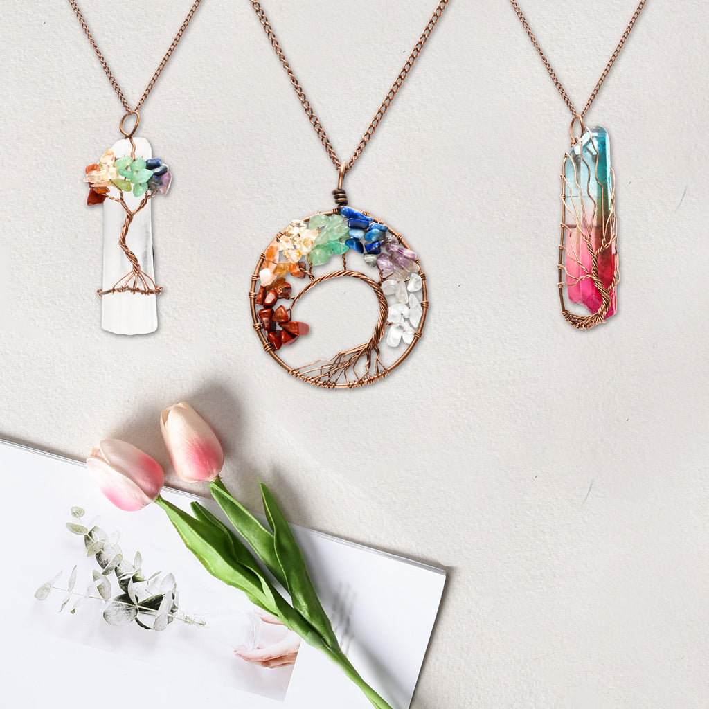 3-Piece Tree of Life Pendant Necklace Set - Natural Healing Stone Jewelry - Hand-Wrapped Crystal Sweater Chains for Women