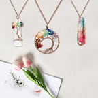3-Piece Tree of Life Pendant Necklace Set - Natural Healing Stone Jewelry - Hand-Wrapped Crystal Sweater Chains for Women