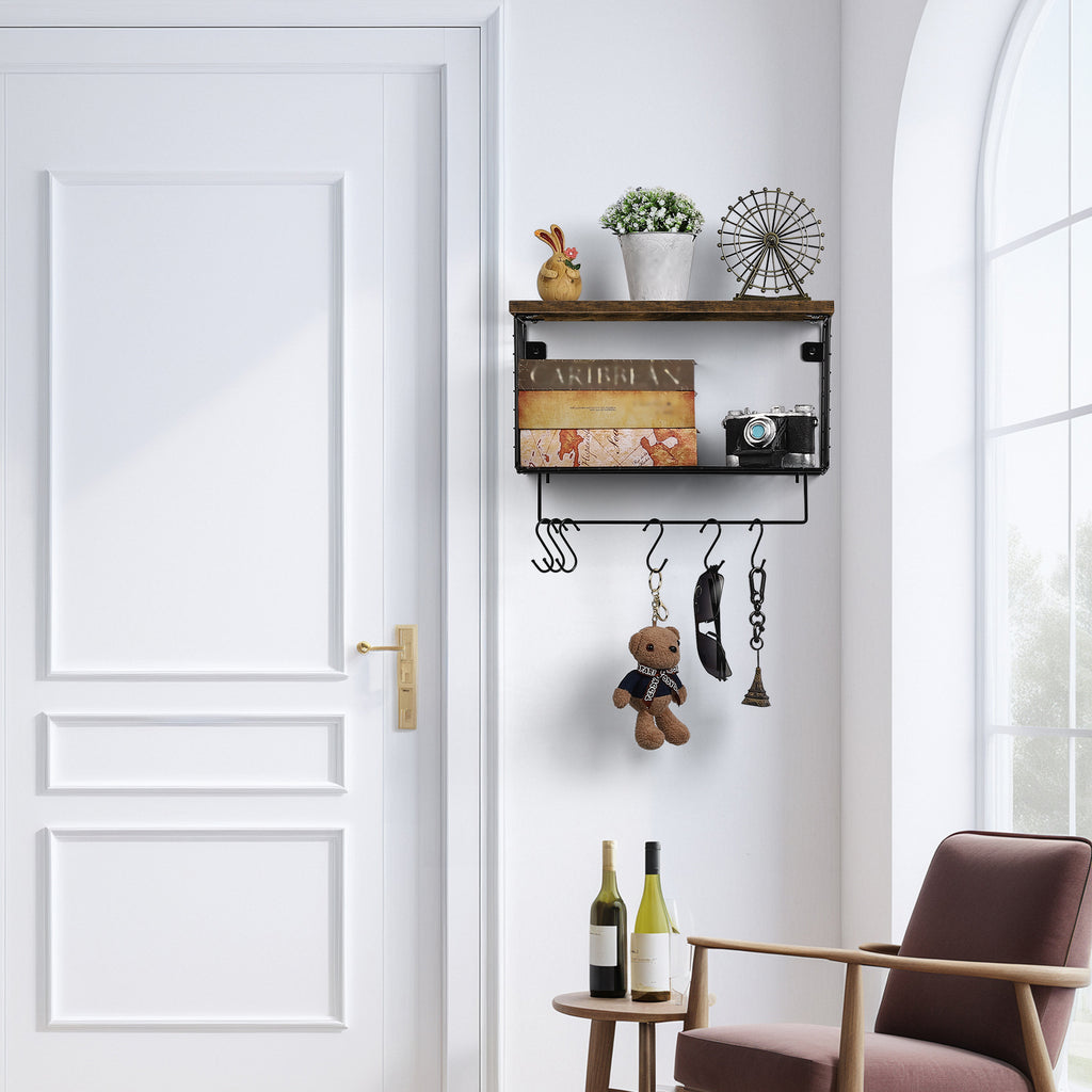 Wall-Mounted Rustic Floating Bathroom Shelves with Integrated Towel Bar and Storage Rack, Black Wood and Metal Over-Toilet Organizer for Kitchen or Bedroom
