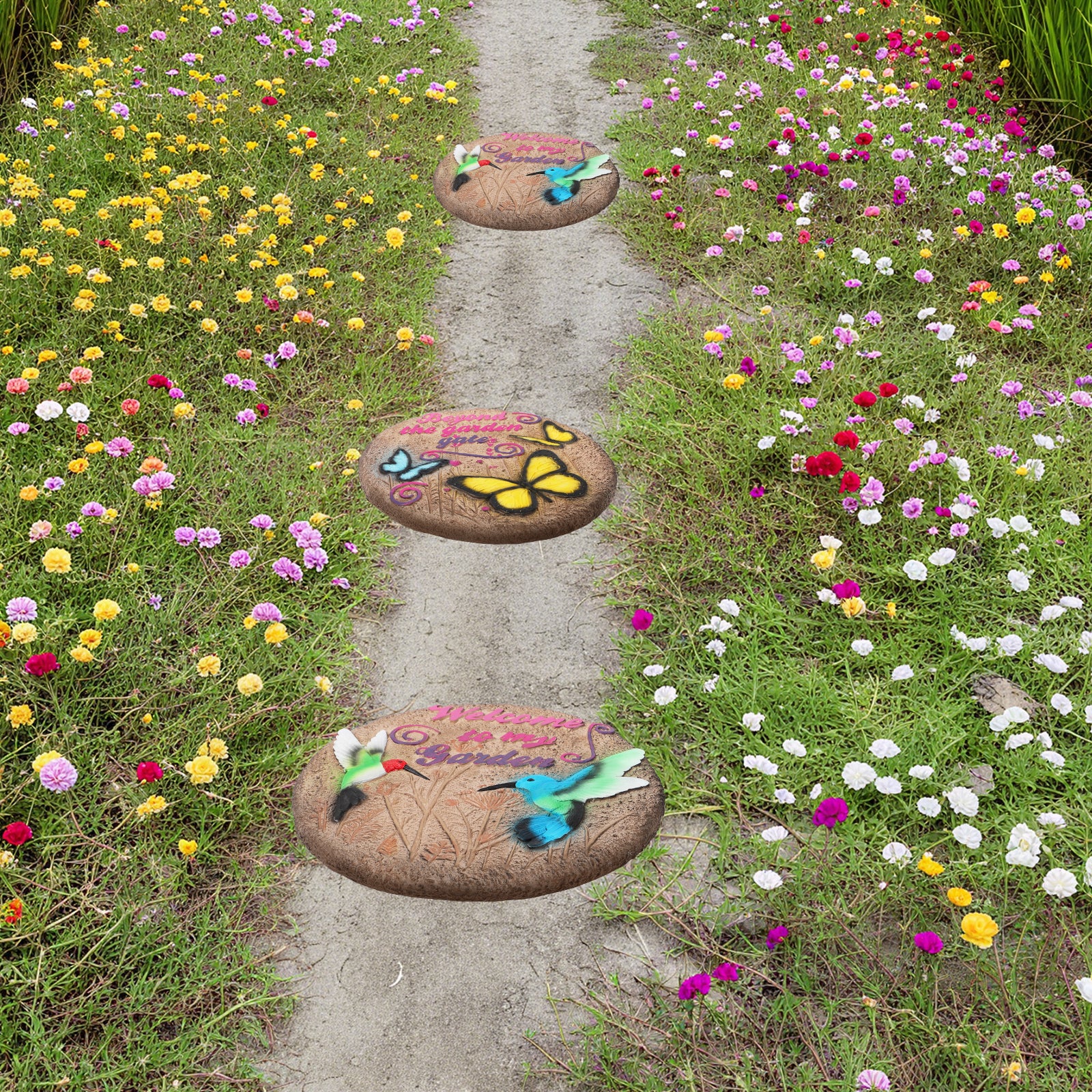 2-Pack 3D Hummingbird and Butterfly Stepping Stones, 10-Inch Decorative Concrete Garden Stones for Outdoor Yard & Path