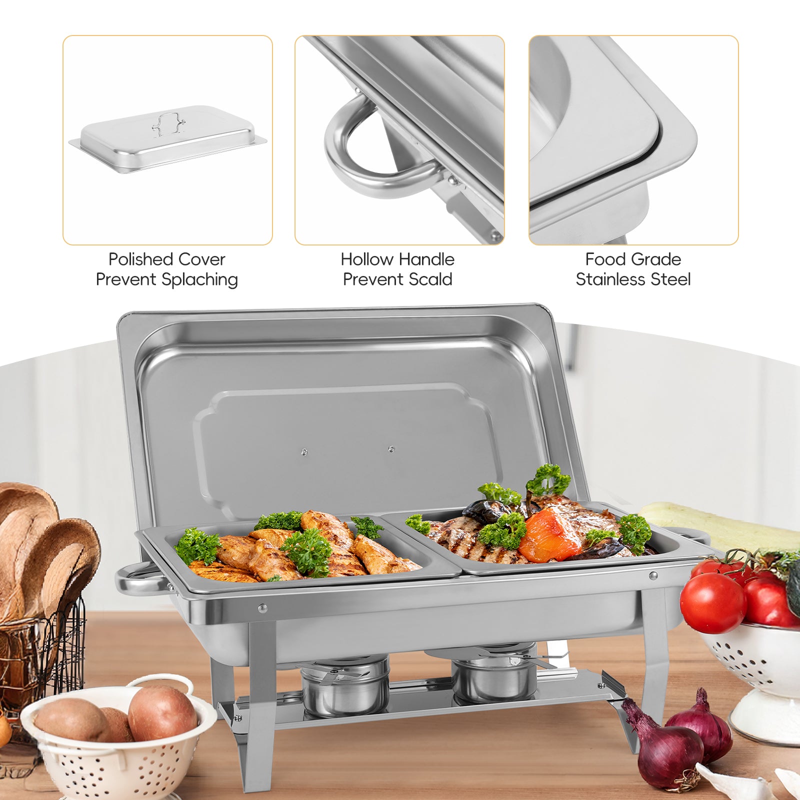4-Pack Stainless Steel Chafing Dish Buffet Set, 8QT Food Warmer with Lids & Folding Stands for Parties, Catering & Weddings
