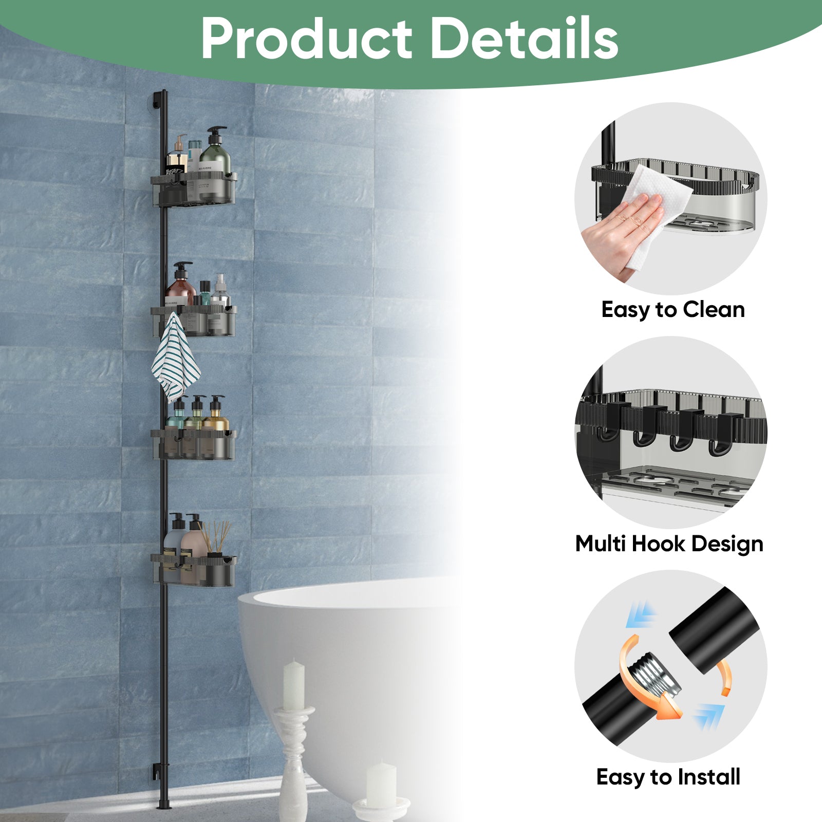 4-Tier Tension Pole Bathroom Rack, Adjustable Mesh Basket Organizer for Shower & Corner