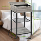 Slim Nightstand with Power Hub, Silver Sliding Top Side Table with USB Ports and Outlets for Compact Living Areas, Bedroom, or Office Storage