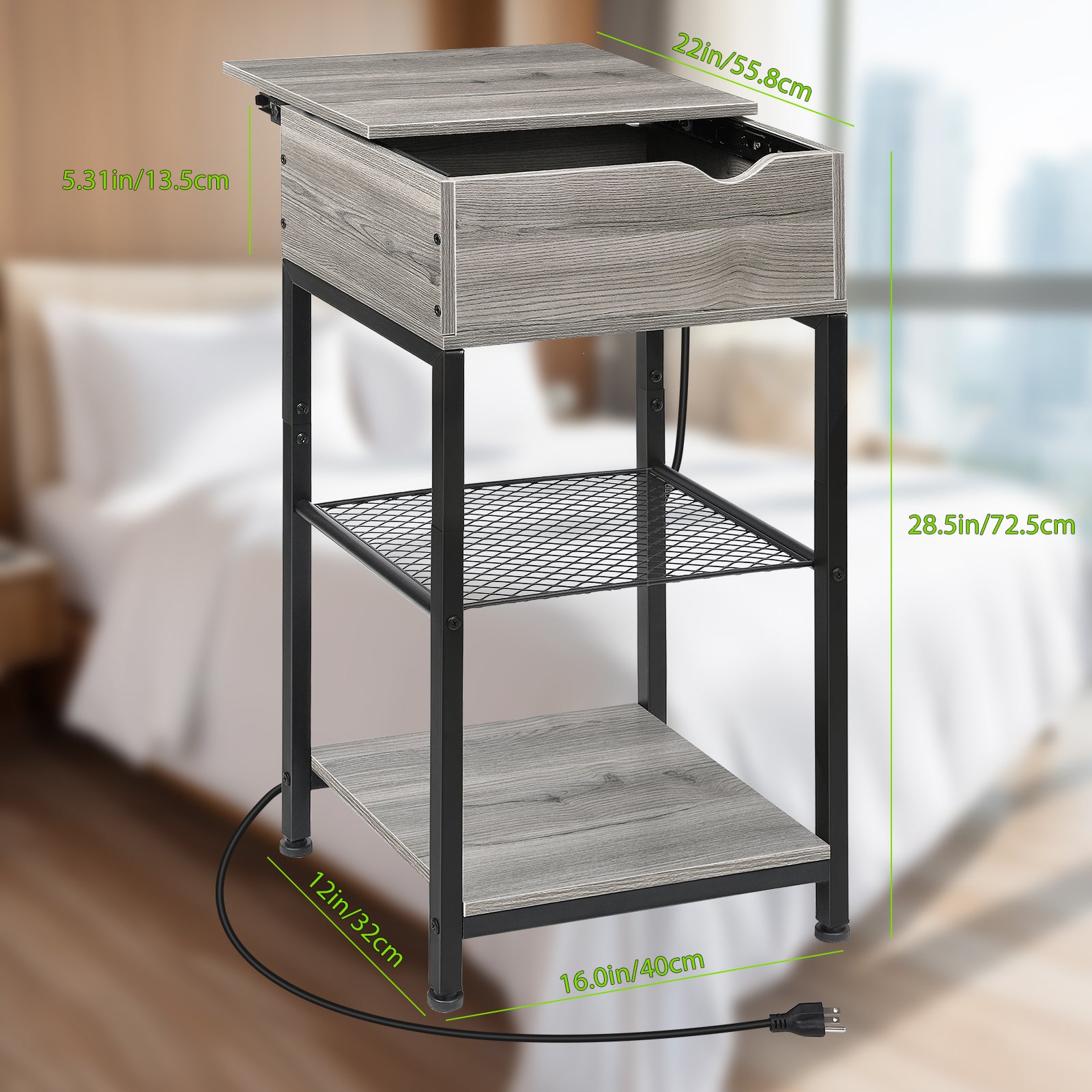 Slim Nightstand with Power Hub, Silver Sliding Top Side Table with USB Ports and Outlets for Compact Living Areas, Bedroom, or Office Storage