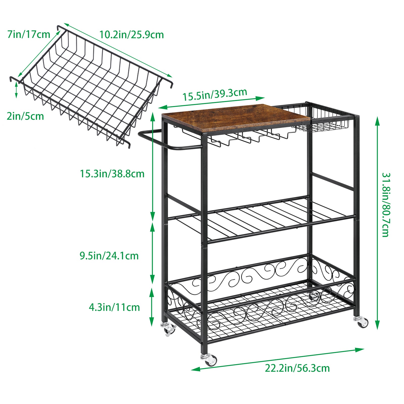 Bar Cart, Mobile Bar Serving Cart, Rolling Wine Cart with Glass Stemware Rack and Wine Bottle Holders, ndustrial Vintage Style Kitchen Serving Cart for, Kitchen(Black)