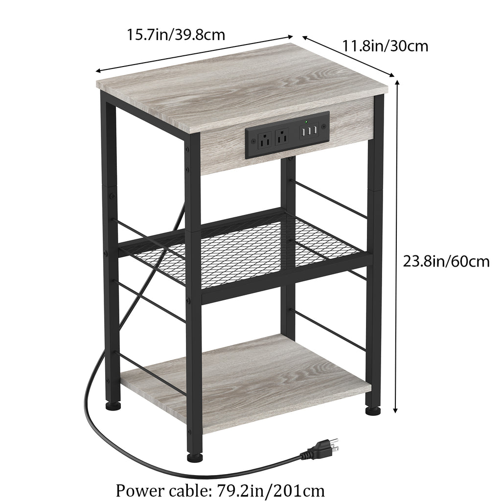 Nightstand with Charging Station Bedroom End Tables with USB Ports and Outlets 3 Tier Bed Side Table with Storage Shelves Farmhouse Night Stand with Power Charging for Living Room Study