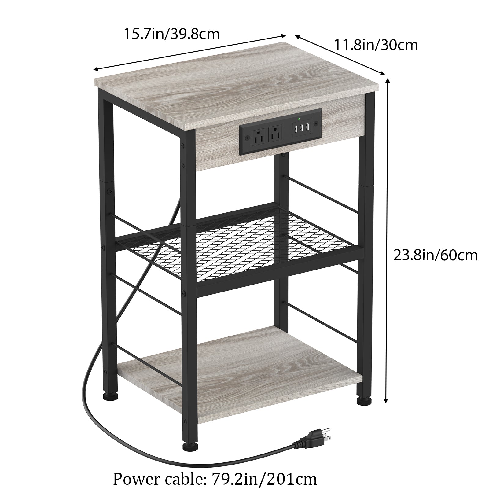 Nightstand with Charging Station Bedroom End Tables with USB Ports and Outlets 3 Tier Bed Side Table with Storage Shelves Farmhouse Night Stand with Power Charging for Living Room Study