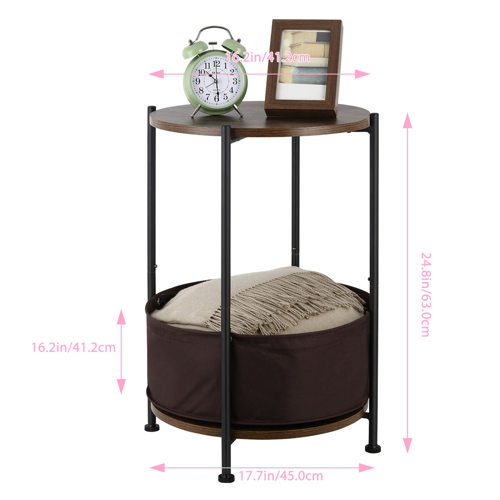 Rustic Brown 2-Tier Circular Bedside Table - Industrial Wood Nightstand with Metal Frame and Integrated Fabric Storage Bin for Home or Coffee Shop Use