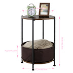 Rustic Brown 2-Tier Circular Bedside Table - Industrial Wood Nightstand with Metal Frame and Integrated Fabric Storage Bin for Home or Coffee Shop Use