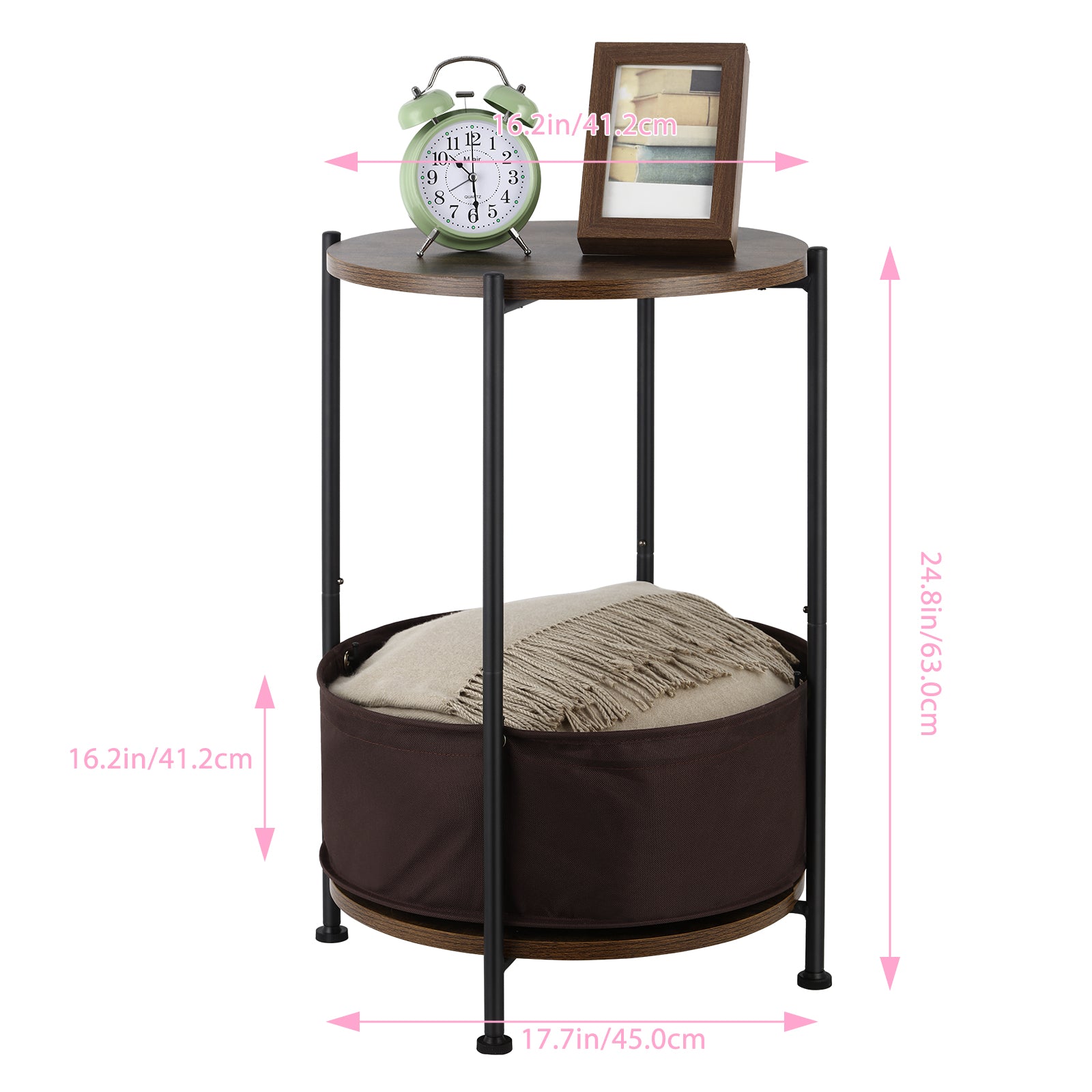Rustic Brown 2-Tier Circular Bedside Table - Industrial Wood Nightstand with Metal Frame and Integrated Fabric Storage Bin for Home or Coffee Shop Use