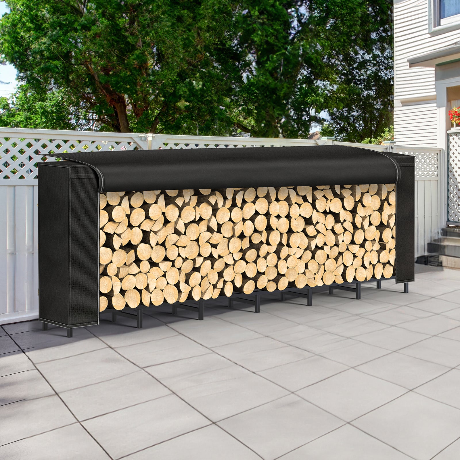 8ft All-Weather Firewood Gallery | Heavy-Duty Log Stacker with Waterproof Protective Cover