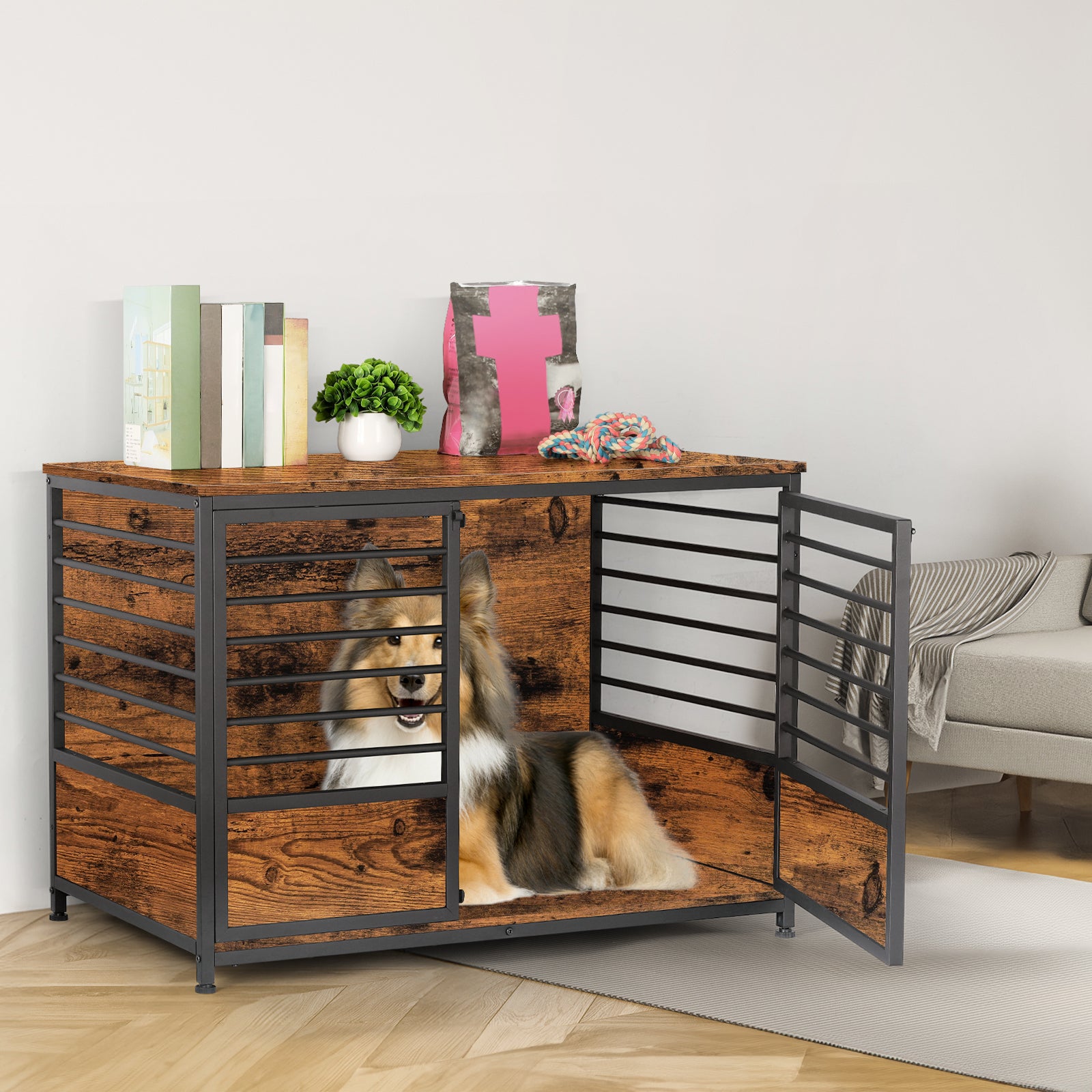 39-Inch Heavy Duty Pet Kennel Furniture, Multifunctional Indoor Dog House and Side Table with Storage