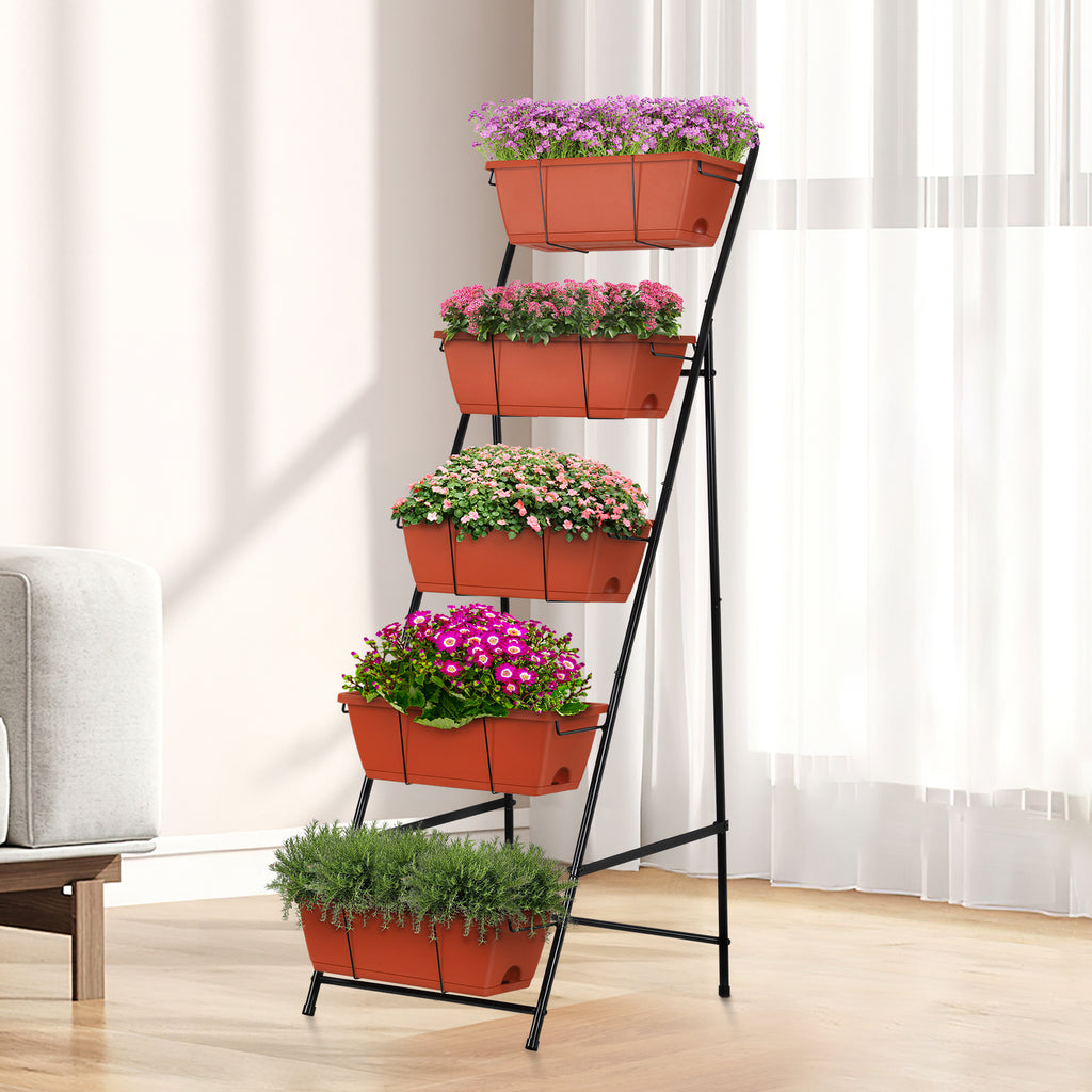 5-Tier Vertical Garden Bed - Large Capacity Standing Planter Boxes with Drainage Trays, Brick Red