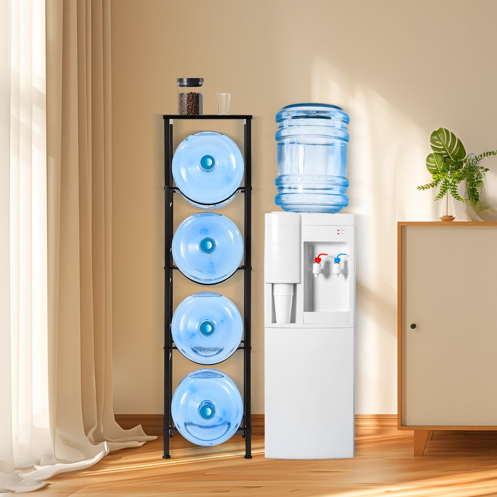 Heavy-Duty 4-Tier Water Bottle Storage Rack with Display Top - 5 Gallon Water Jug Organizer Stand for Home & Office, Space-Saving Black Finish