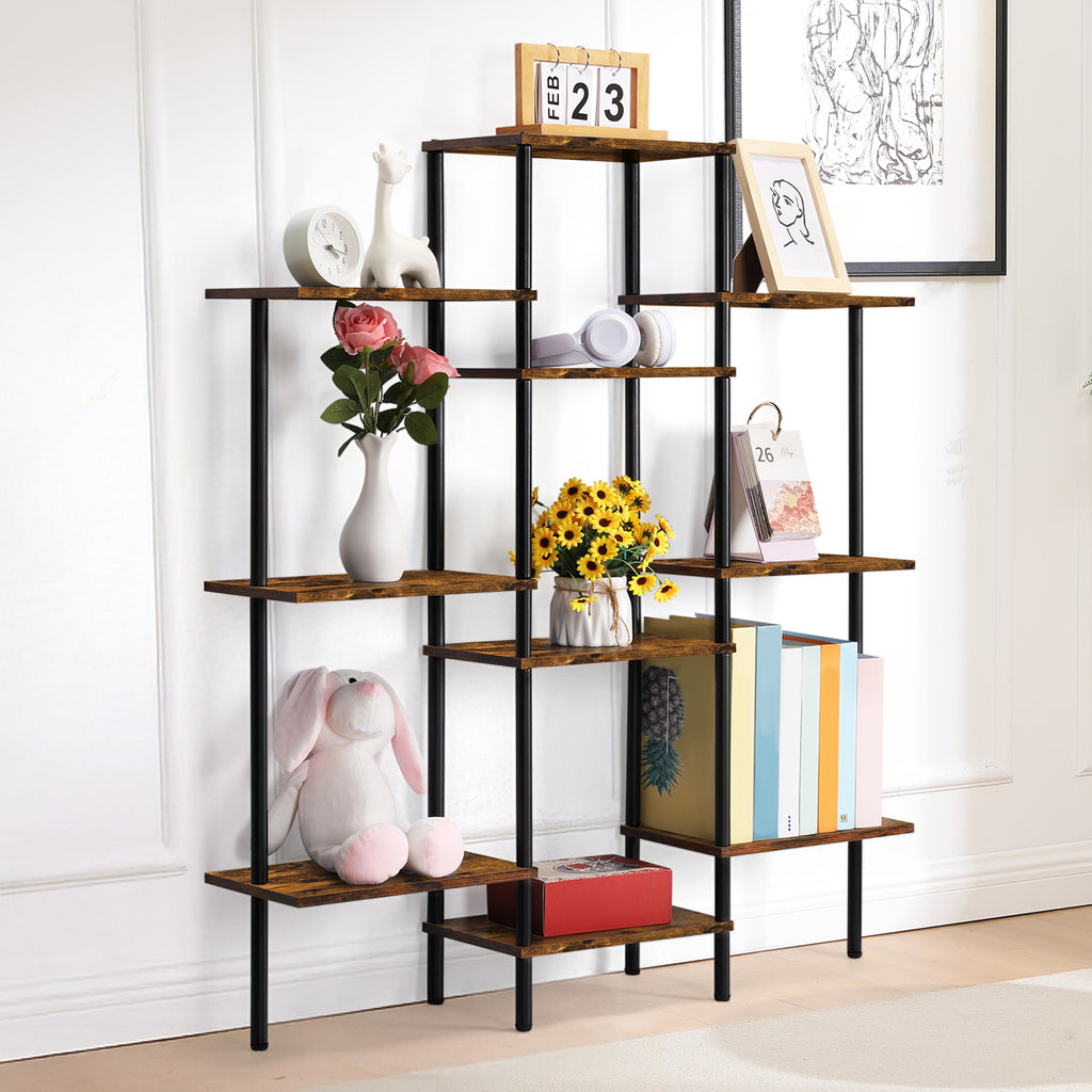 Triple-Wide 4-Tier Industrial Bookshelf - 10-Shelf Open Bookcase & Room Divider for Home Office, Rustic Brown,