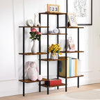 Triple-Wide 4-Tier Industrial Bookshelf - 10-Shelf Open Bookcase & Room Divider for Home Office, Rustic Brown,