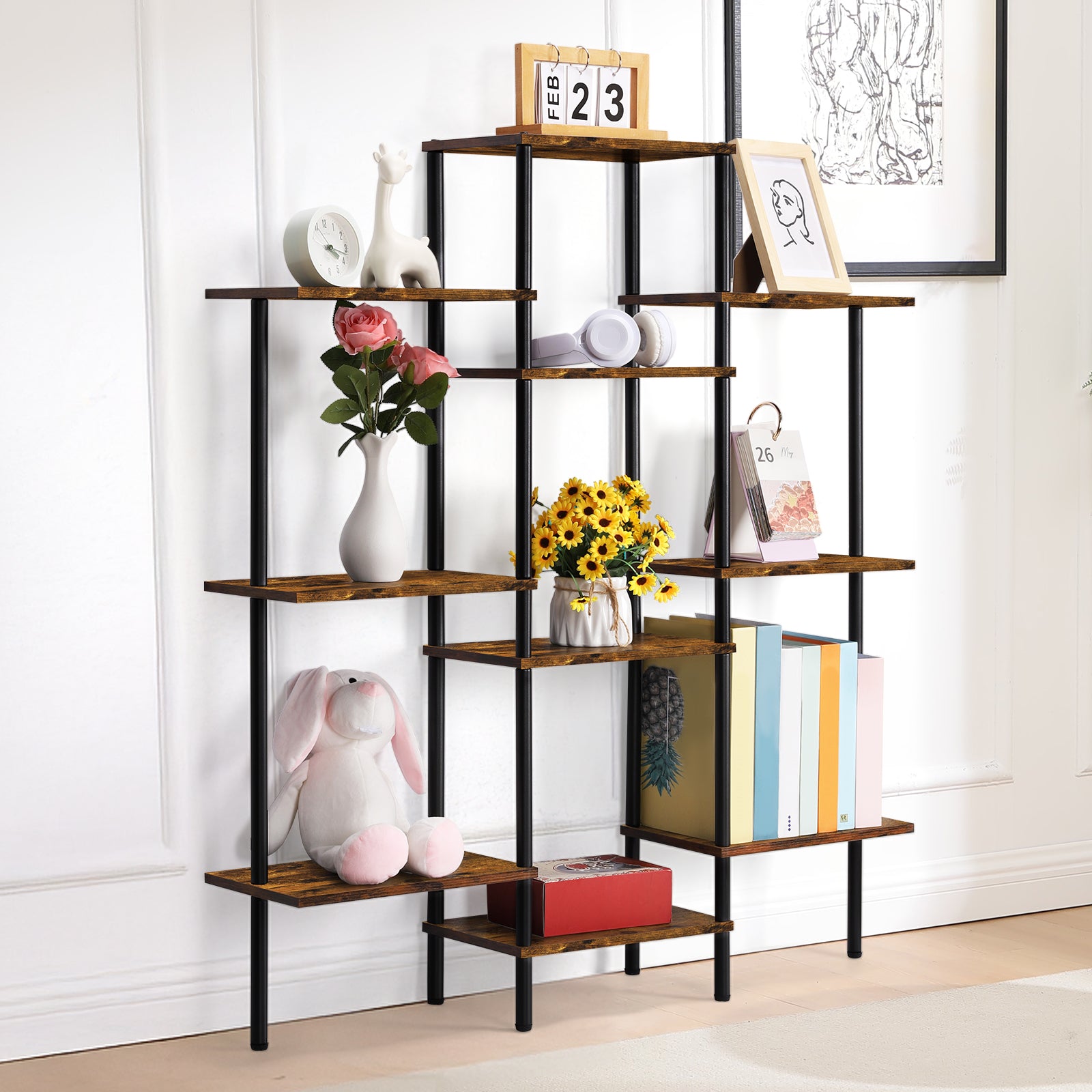 Triple-Wide 4-Tier Industrial Bookshelf - 10-Shelf Open Bookcase & Room Divider for Home Office, Rustic Brown,