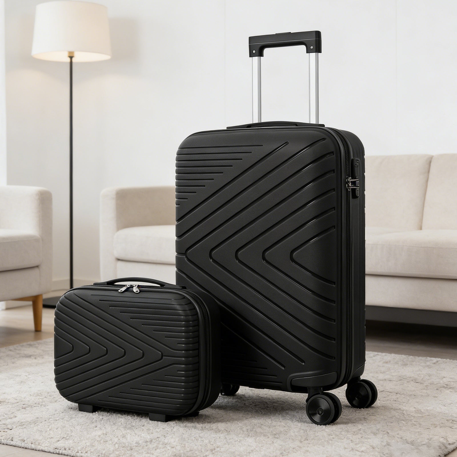 2-Piece PP Hardside Luggage Set - 20 Inch Carry On Suitcase + 14 Inch Cosmetic Case with Spinner Wheels (Black)